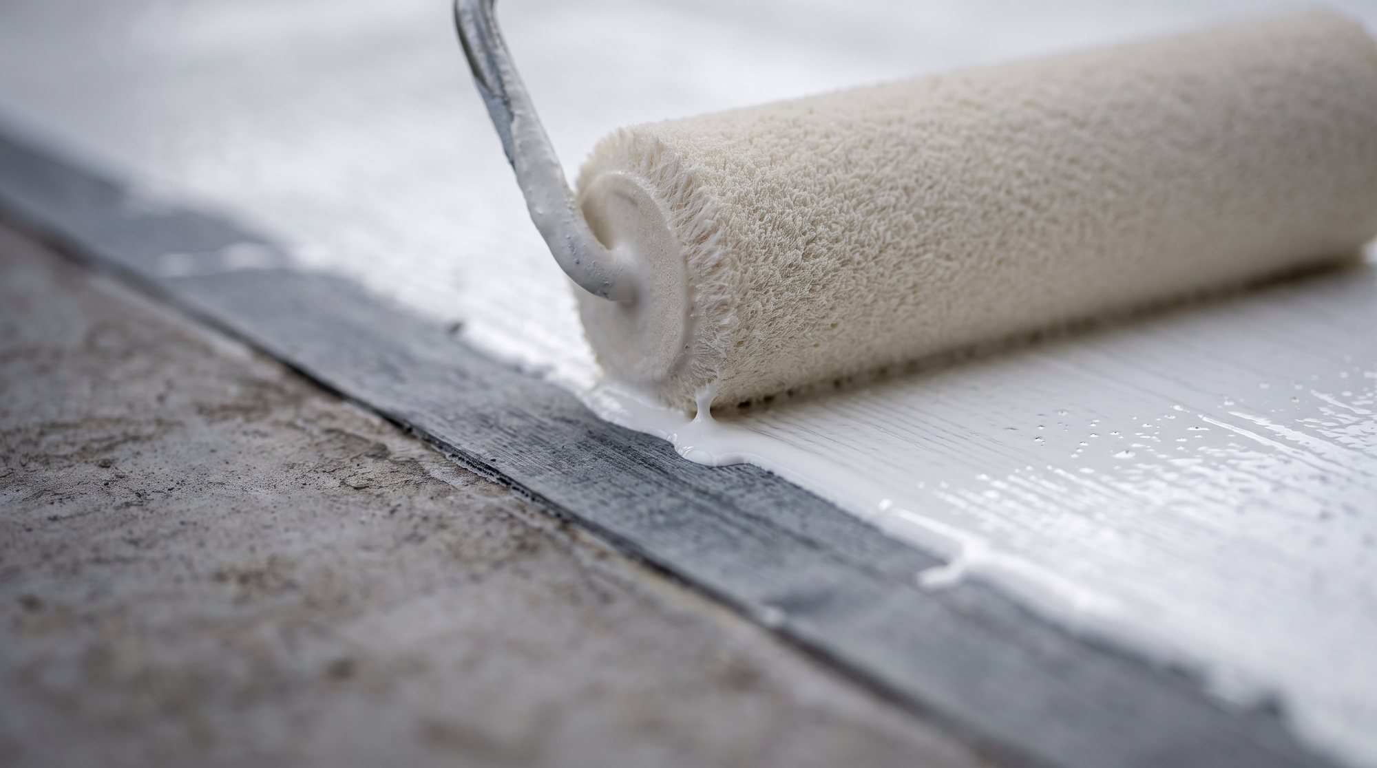 A close-up of a paint roller laying a smooth band of bright white coating across a flat roof surface, next to a strip of gray seam tape and bare concrete